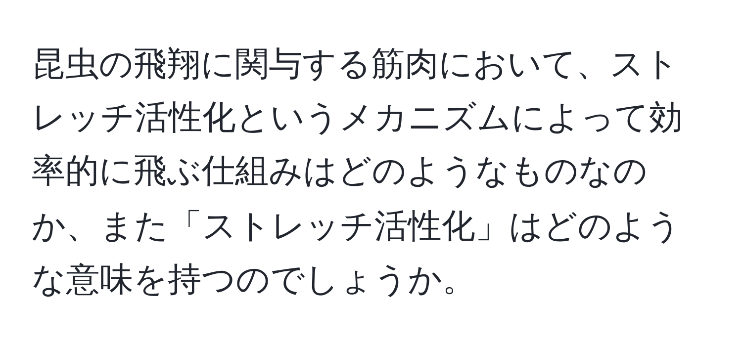 昆虫の飛翔に関与する筋肉において、ストレッチ活性化というメカニズムによって効率的に飛ぶ仕組みはどのようなものなのか、また「ストレッチ活性化」はどのような意味を持つのでしょうか。