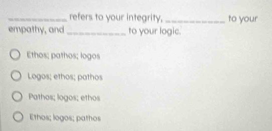 refers to your integrity,_ to your
empathy, and _to your logic.
Ethos; pathos; logos
Logos; ethos; pathos
Pathos; logos; ethos
Ethos; logos; pathos