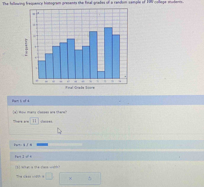 The following frequency histogram presents the final grades of a random sample of 100 college students. 
Part 1 of 4 
(a) How many classes are there? 
There are 11 classes. 
Part: 1 / 4 
Part 2 of 4 
(b) What is the class width? 
The class width is^(□) × 5