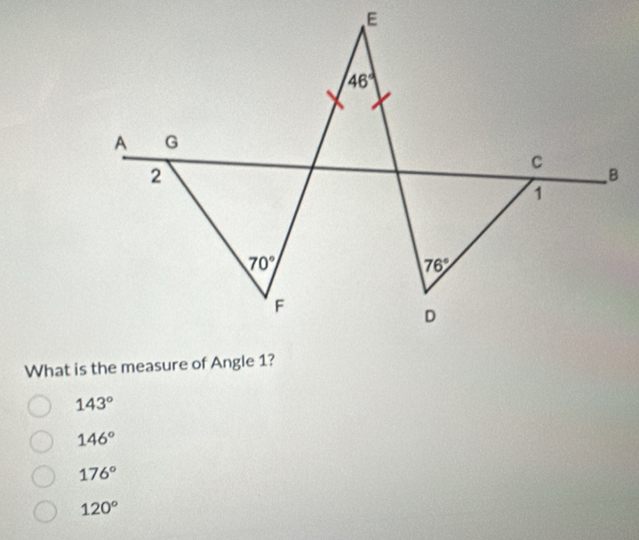 What is the measure of Angle 1?
143°
146°
176°
120°