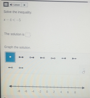 Listen 
Solve the inequality.
x-4
The solution is overline overline  
_  
Graph the solution.