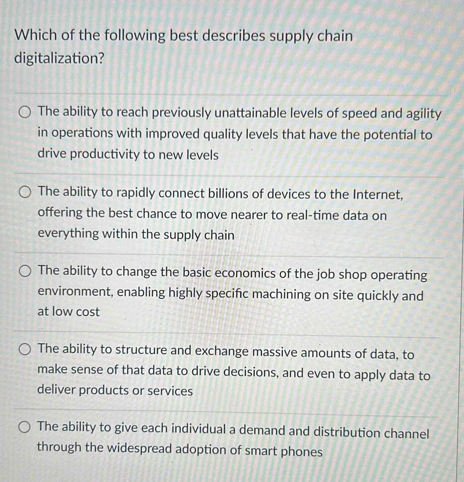 Which of the following best describes supply chain
digitalization?
The ability to reach previously unattainable levels of speed and agility
in operations with improved quality levels that have the potential to
drive productivity to new levels
The ability to rapidly connect billions of devices to the Internet,
offering the best chance to move nearer to real-time data on
everything within the supply chain
The ability to change the basic economics of the job shop operating
environment, enabling highly specific machining on site quickly and
at low cost
The ability to structure and exchange massive amounts of data, to
make sense of that data to drive decisions, and even to apply data to
deliver products or services
The ability to give each individual a demand and distribution channel
through the widespread adoption of smart phones