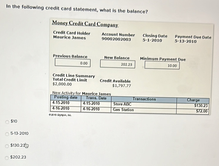 Solved: In the following credit card statement, what is the balance ...