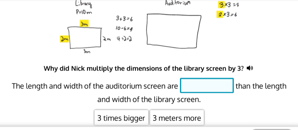 Why did Nick multiply the dimensions of the library screen by 3? 6
The length and width of the auditorium screen are □ than the length
and width of the library screen.
3 times bigger 3 meters more