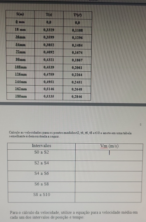 Calcule as velocidades para os pontos medidos t2, t4, t6, t8 e t10 e anote em uma tabela
semelhante à demonstrada a seguir .
Para o cálculo da velocidade, utilize a equação para a velocidade média em
cada um dos intervalos de posição e tempo: