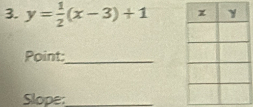 y= 1/2 (x-3)+1
Point:_ 
Slope:_