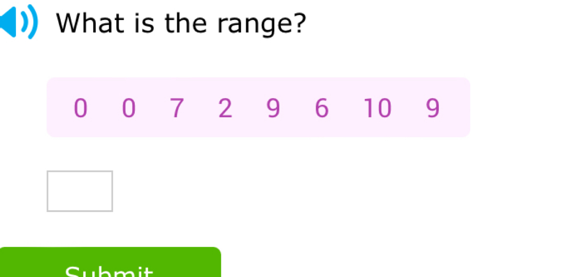 What is the range?
0 0 7 2 9 6 10 9
Submit