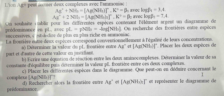 L'ion Ag+ peut former deux complexes avec l'ammoniac :
Ag^++NH_3=[Ag(NH_3)]^+, K°=beta _1 avec log beta _1=3,4.
Ag^++2NH_3=[Ag(NH_3)_2]^+, K°=beta _2 avec log beta _2=7,4. 
On souhaite établir pour les différentes espèces contenant l'élément argent un diagramme de 
prédominance en pL, avec pL=pNH_3=-log [NH_3]. On recherche des frontières entre espèces 
successives, c'est-à-dire de plus en plus riche en ammoniac. 
La frontière entre deux espèces correspond conventionnellement à l'égalité de leurs concentrations. 
a) Déterminer la valeur du pL frontière entre Ag^+ et [Ag(NH_3)]^+. Placer les deux espèces de 
part et d'autre de cette valeur en justifiant. 
b) Ecrire une équation de réaction entre les deux aminocomplexes. Déterminer la valeur de sa 
constante d'équilibre puis déterminer la valeur pL frontière entre ces deux complexes. 
c) Placer les différentes espèces dans le diagramme. Que peut-on en déduire concernant le 
complexe [Ag(NH_3)]^+ ? I 
d) Rechercher alors la frontière entre Ag^+ et [Ag(NH_3)_2]^+ et représenter le diagramme de 
prédominance.