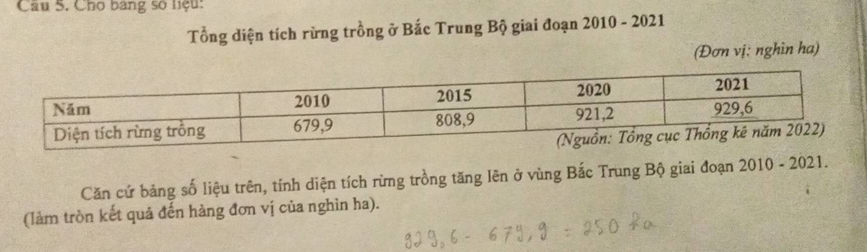 Cho bang số liệu: 
Tổng diện tích rừng trồng ở Bắc Trung Bộ giai đoạn 2010 - 2021 
(Đơn vị: nghìn ha) 
Căn cứ bảng số liệu trên, tính diện tích rừng trồng tăng lên ở vùng Bắc Trung Bộ giai đoạn 2010 - 2021. 
(làm tròn kết quả đến hàng đơn vị của nghìn ha).