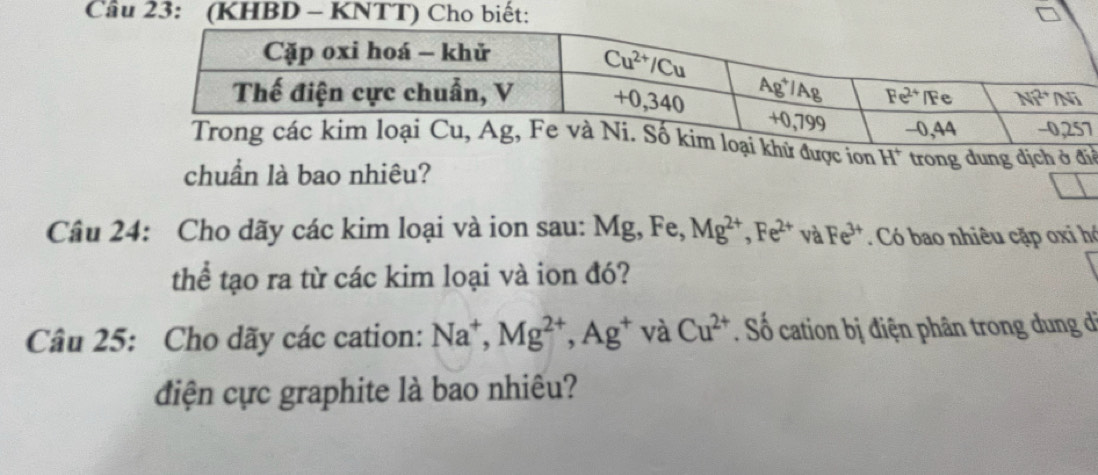 (KHBD - KNTT) Cho biết:
c ion H* trong dung dịch ở đi
chuẩn là bao nhiêu?
Câu 24: Cho dãy các kim loại và ion sau: Mc g, Fe, Mg^(2+),Fe^(2+) , v2 Fe^(3+). Có bao nhiêu cặp oxi hó
thể tạo ra từ các kim loại và ion đó?
Câu 25: Cho dãy các cation: Na^+,Mg^(2+),Ag^+ và Cu^(2+). Số cation bị điện phân trong dung di
điện cực graphite là bao nhiêu?