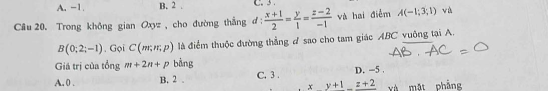 A. -1. B. 2. C. 3.
Câu 20. Trong không gian Oxyz , cho đường thẳng d :  (x+1)/2 = y/1 = (z-2)/-1  và hai điểm A(-1;3;1) và
B(0;2;-1). Gọi C(m;n;p) là điểm thuộc đường thẳng đ sao cho tam giác ABC vuông tại A.
Giá trị của tổng m+2n+p bằng
A. 0. B. 2. C. 3. D. -5.
x_ y+1_ z+2 yà mặt phẳng