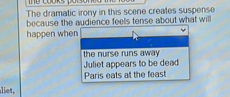 the cooks poisoned
The dramatic irony in this scene creates suspense
because the audience feels tense about what will
happen when
the nurse runs away
Juliet appears to be dead
Paris eats at the feast
aliet,