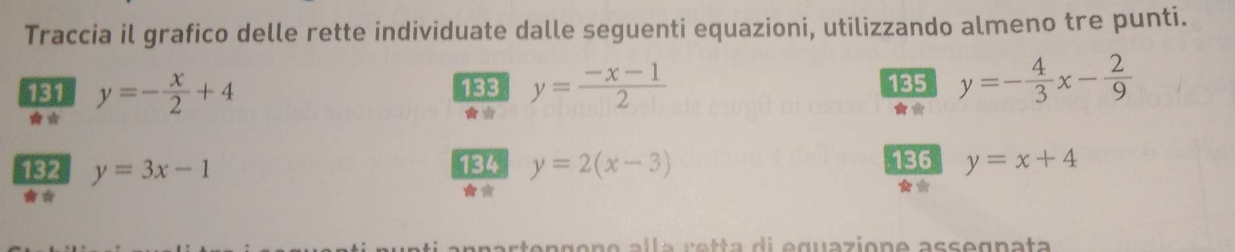 Traccia il grafico delle rette individuate dalle seguenti equazioni, utilizzando almeno tre punti. 
131 y=- x/2 +4 133 y= (-x-1)/2 
135 y=- 4/3 x- 2/9 
**
136
132 y=3x-1 134 y=2(x-3) y=x+4
** 
** 
a a r a d i e quazione acce gnata