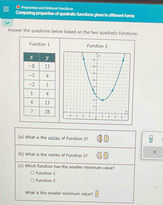 Polynomial and Rational Functions
Comparing properties of quadratic functions given in different forms
Answer the questions below based on the two quadratic functions.
Function 1 Function 2
(a) What is the vertex of Function 1?
 □ /□  
×
(b) What is the vertex of Function 2?
(c) Which function has the smaller minimum value?
Function 1
Function 2
What is the smaller minimum value? □