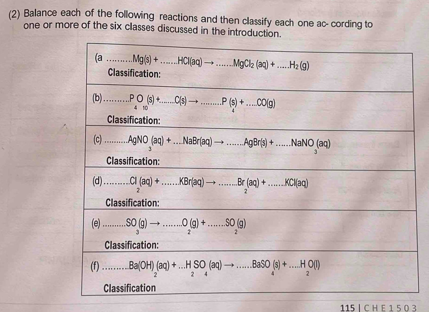 (2) Balance each of the following reactions and then classify each one ac- cording to
one or more of the six classes discussed in the introduction.
115 | C H E 1 5 0 3