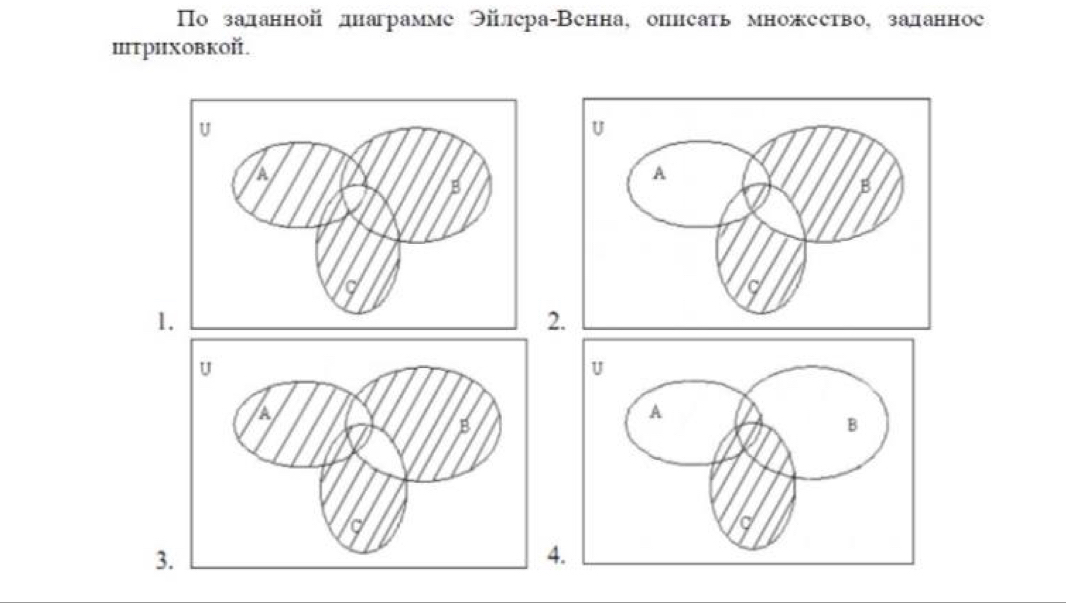 По заланной днаграмме Эйлера-Венна, опнеать множеетво, заланное 
IIτриXовкой. 
1 
2 
3 
4