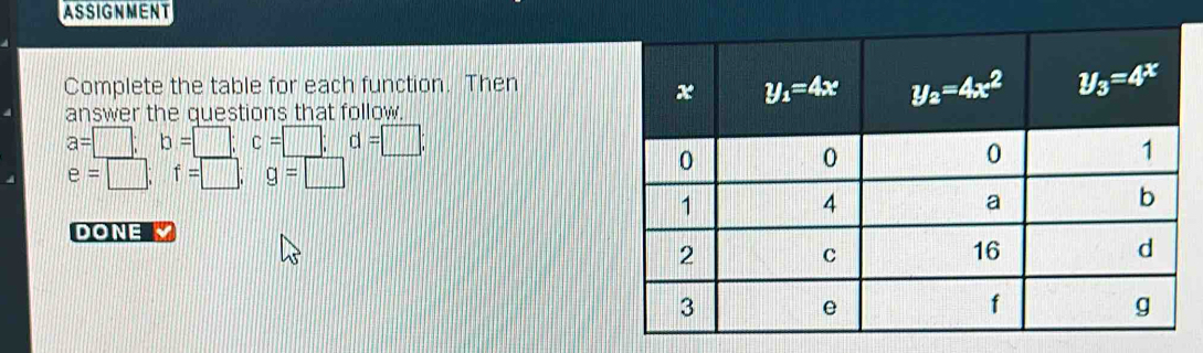 ASSIGNMENT
Complete the table for each function. Then
answer the questions that follow.
a=□ : b=□ ;c=□ ;d=□ ;
e=□ ; f=□ ;g=□
DONE