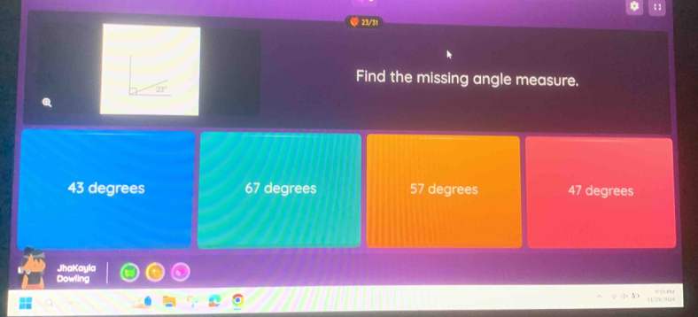 2B/51
Find the missing angle measure.

43 degrees 67 degrees 57 degrees 47 degrees
JhaKayla
Dowling
1/29/2024 9 55 PM