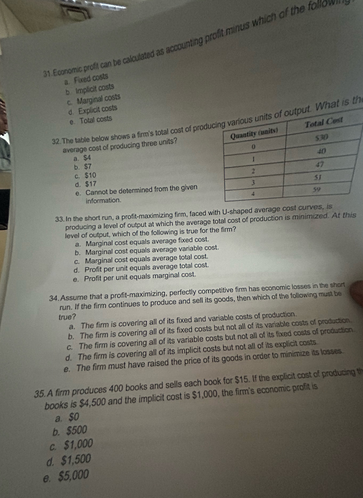 Economic profit can be calculated as accounting profit minus which of the follow
a. Fixed costs
b Implicit costs
c. Marginal costs
d. Explicit costs
e. Total costs
32. The table below shows a firm's total cost of produ is th
average cost of producing three units?
a. $4
b. $7
c. $10
d. $17
e. Cannot be determined from the given
information. 
33. In the short run, a profit-maximizing firm, faced with U-shaped average cost curves, is
producing a level of output at which the average total cost of production is minimized. At this
level of output, which of the following is true for the firm?
a. Marginal cost equals average fixed cost.
b. Marginal cost equals average variable cost.
c. Marginal cost equals average total cost.
d. Profit per unit equals average total cost.
e. Profit per unit equals marginal cost.
34. Assume that a profit-maximizing, perfectly competitive firm has economic losses in the short
run. If the firm continues to produce and sell its goods, then which of the following must be
true?
a. The firm is covering all of its fixed and variable costs of production.
b. The firm is covering all of its fixed costs but not all of its variable costs of production.
c. The firm is covering all of its variable costs but not all of its fixed costs of production.
d. The firm is covering all of its implicit costs but not all of its explicit costs.
e. The firm must have raised the price of its goods in order to minimize its losses.
35.A firm produces 400 books and sells each book for $15. If the explicit cost of producing th
books is $4,500 and the implicit cost is $1,000, the firm's economic profit is
a. $o
b. $500
c. $1,000
d. $1,500
e. $5,000