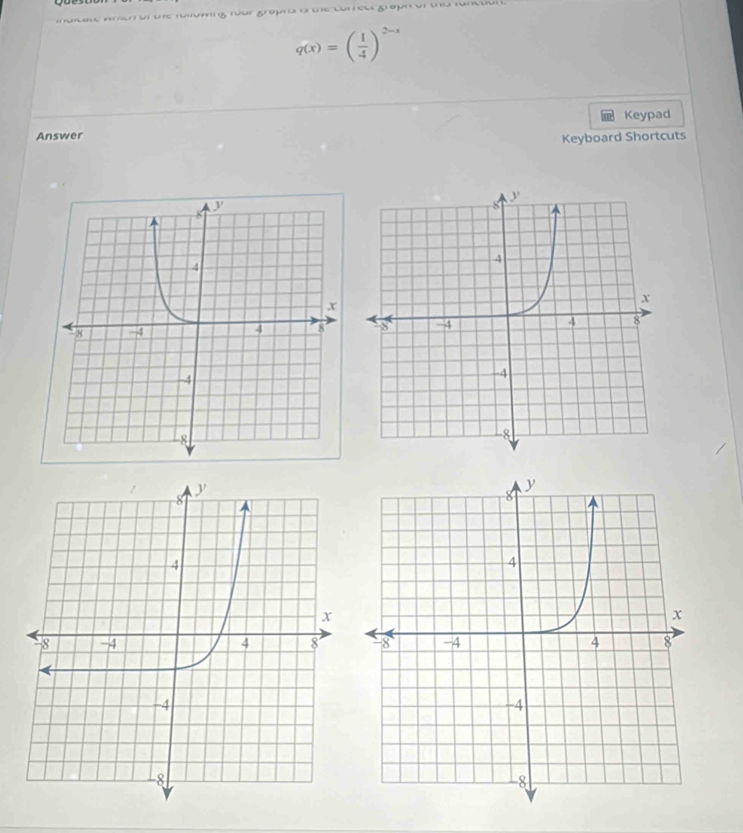 wnen of the rolowing foat graphs is the correar graph of this func ua
q(x)=( 1/4 )^2-x
Keypad 
Answer Keyboard Shortcuts