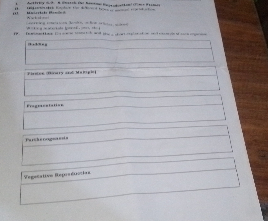 Activity 6.9: A Seazch for Ascanal Reproduction! (Tims Frams)
II. Objective(s): Explain the different types of asexual reproduction.
mL Materials Needed:
Warksheet
Learning resources (books, online articles, videos)
Writing materials (pencil, pen, etc.)
IV. Instruction: Do some research and give a short explanation and example of each organism.
Budding
Fission (Binary and Multiple)
Fragmentation
Parthenogenesis
Vegetative Reproduction