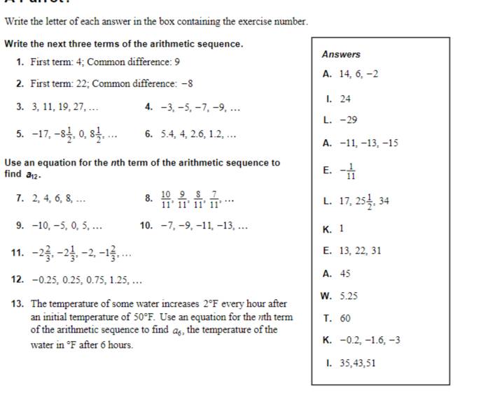 Write the letter of each answer in the box containing the exercise number. 
Write the next three terms of the arithmetic sequence. 
Answers 
1. First term: 4; Common difference: 9
A. 14, 6, −2
2. First term: 22; Common difference: −8
I. 24
3. 3, 11, 19, 27, … 4. -3, -5, -7, -9,… 
L. -29
5. -17, -8 1/2 , 0, 8 1/2 ,... 6. 5. 4, 4, 2.6, 1.2, … 
A. −11, −13, −15
Use an equation for the nth term of the arithmetic sequence to E. - 1/11 
find a_12. 17, 25 1/2 , 34
7. 2, 4, 6, 8, … 8.  10/11 ,  9/11 ,  8/11 ,  7/11 ,... L. 
9. -10, −5, 0, 5,… 10. −7, −9, −11, −13, … K. 1
11. -2 2/3 , -2 1/3 , -2, -1 2/3 ,... E. 13, 22, 31
A. 45
12. −0.25, 0.25, 0.75, 1.25, … 
W. 5.25
13. The temperature of some water increases 2°F every hour after 
an initial temperature of 50°F Use an equation for the th term T. 60
of the arithmetic sequence to find a_6 , the temperature of the 
water in °F after 6 hours. K. −0.2, −1.6, −3
I. 35, 43, 51