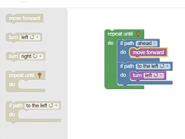 move forward
turn left O repeat until
do if path ahead .
do move forward
turn right O
if path to the left 
repeat until do tun left O 
do
if path to the left O 
do