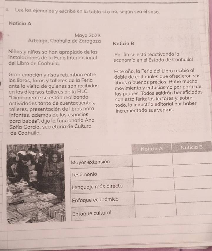 Lee los ejemplos y escribe en la tabla sí o no, según sea el caso. 
Noticia A 
Mayo 2023 
Arteaga, Coahuila de Zaragoza Noticia B 
Niñas y niños se han apropiado de las ¡Por fin se está reactivando la 
instalaciones de la Feria Internacional 
del Libro de Coahuila. economía en el Estado de Coahuila! 
Gran emoción y risas retumban entre Este año, la Feria del Libro recibió al 
los libros, foros y talleres de la Feria doble de editoriales que ofrecieron sus 
libros a buenos precios. Hubo mucho 
ante la visita de quienes son recibidos movimiento y entusiasmo por parte de 
en los diversos talleres de la FILC. los padres. Todos saldrán beneficiados 
*Diariamente se están realizando 
actividades tanto de cuentacuentos, con esta feria: los lectores y, sobre 
talleres, presentación de libros para todo, la industria editorial por haber 
infantes, además de los espacios incrementado sus ventas. 
para bebés', dijo la funcionaria Ana 
Sofía García, secretaria de Cultura 
de Coahuila.