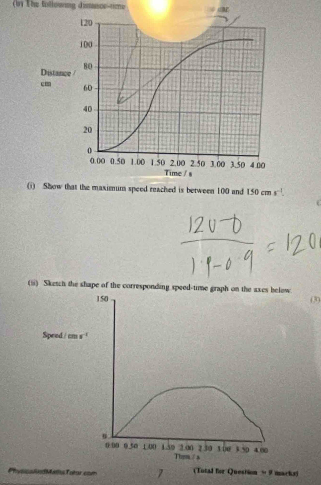 The tsllowing dissance-time or
s^(-1). 
() Sketch the shape of the corresponding speed-time graph on the axes below.
150 (3)
Speed / cms^(-1)
u
0.50 1.00 1.30 2.00 230 3 00 3.50 4.00
Tu/ s 
1 (Total for Question ∞ 9 macks)