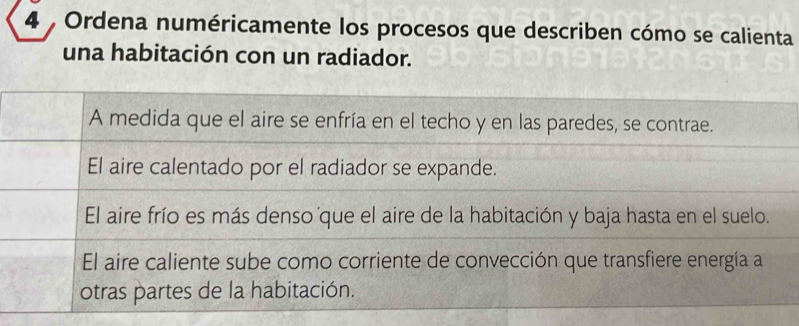 Ordena numéricamente los procesos que describen cómo se calienta 
una habitación con un radiador. 
A medida que el aire se enfría en el techo y en las paredes, se contrae. 
El aire calentado por el radiador se expande. 
El aire frío es más denso 'que el aire de la habitación y baja hasta en el suelo. 
El aire caliente sube como corriente de convección que transfiere energía a 
otras partes de la habitación.