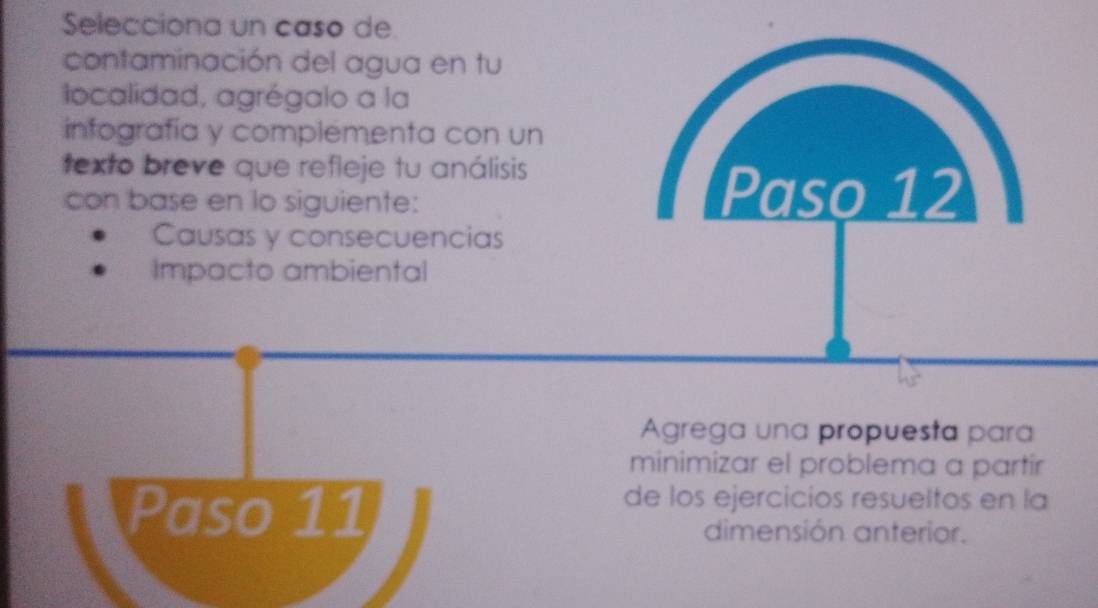 Selecciona un caso de. 
contaminación del agua en tu 
localidad, agrégalo a la 
infografía y complementa con un 
texto breve que refleje tu análisis 
con base en lo siguiente: Paso 12 
Causas y consecuencias 
Impacto ambiental 
Agrega una propuesta para 
minimizar el problema a partír 
Paso 11 
de los ejercicios resueltos en la 
dimensión anterior.