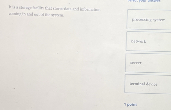 select your answer.
It is a storage facility that stores data and information
coming in and out of the system.
processing system
network
server
terminal device
1 point