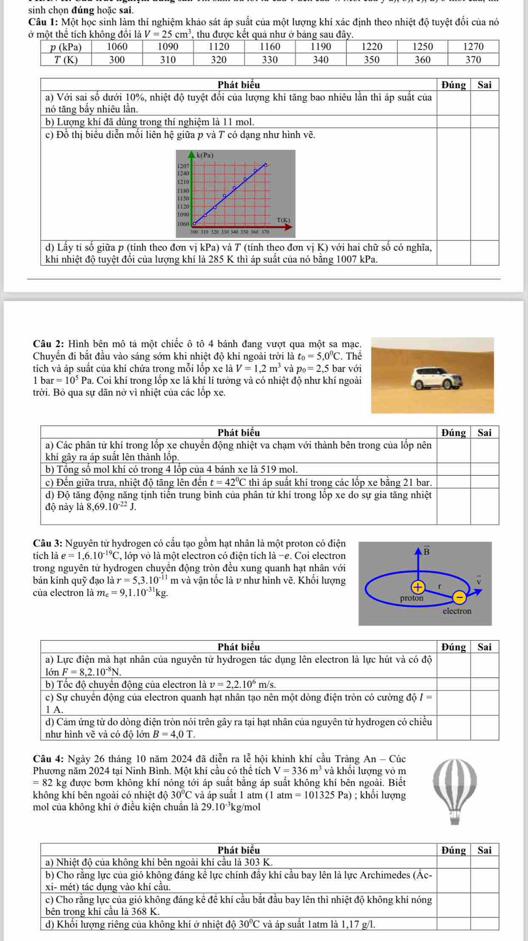 sinh chọn đúng hoặc sai.
Câu  1: Một học sinh làm thí nghiệm khảo sát áp suất của một lượng khí xác định theo nhiệt độ tuyệt đối của nó
Phát biểu Đúng  Sai
a) Với sai số dưới 10%, nhiệt độ tuyệt đối của lượng khí tăng bao nhiêu lần thì áp suất của
nó tăng bấy nhiêu lần.
b) Lượng khí đã dùng trong thí nghiệm là 11 mol.
c) Đồ thị biểu diễn mối liên hệ giữa p và T có dạng như hình vẽ.
d) Lấy ti số giữa p (tính theo đơn vị kPa) 0 và T (tính theo đơn vị K) với hai chữ số có nghĩa,
khi nhiệt độ tuyệt đổi của lượng khí là 285 K thì áp suất của nó bằng 1007 kPa.
Câu 2: Hình bên mô tả một chiếc ô tô 4 bánh đang vượt qua một sa mạc.
Chuyển đi bắt đầu vào sáng sớm khi nhiệt độ khí ngoài trời là t_0=5,0^0C. Thể
tích và áp suất của khí chứa trong mỗi lốp xe ldot aV=1,2m^3vdot a p_0=2,5l bar với
1bar=10^5 Pa. Coi khí trong lốp xe là khí lí tưởng và có nhiệt độ như khí ngoài
trời. Bỏ qua sự dãn nở vì nhiệt của các lốp xe.
Câu 3: Nguyên tử hydrogen có cấu tạo gồm hạt nhân là một proton có điện
tích là e=1,6.10^(-19)C 2, lớp vỏ là một electron có điện tích là -e. Coi electron
trong nguyên tử hydrogen chuyền động tròn đều xung quanh hạt nhân với
bán kính quỹ đạo là r=5,3.10^(-11) m và vận tốc là v như hình vẽ. Khổi lượng
của electron là m_e=9,1.10^(-31)kg
Câu 4: Ngày 26 tháng 10 năm 2024 đã diễn ra lễ hội khinh khí cầu Tràng An - Cúc
Phương năm 2024 tại Ninh Bình. Một khí cầu có thể tích V=336m^3 và khối lượng vỏ m
=82k g được bơm không khí nóng tới áp suất bằng áp suất không khí bên ngoài. Biết
không khí bên ngoài có nhiệt dhat o30°C và áp suất 1 atm (1atm=101325Pa) ) ; khối lượng
mol của không khí ở điều kiện chuẩn là 29.10^(-3) kg/mol