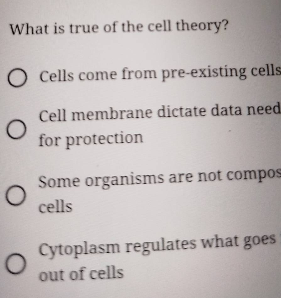 Solved: What is true of the cell theory? Cells come from pre-existing ...