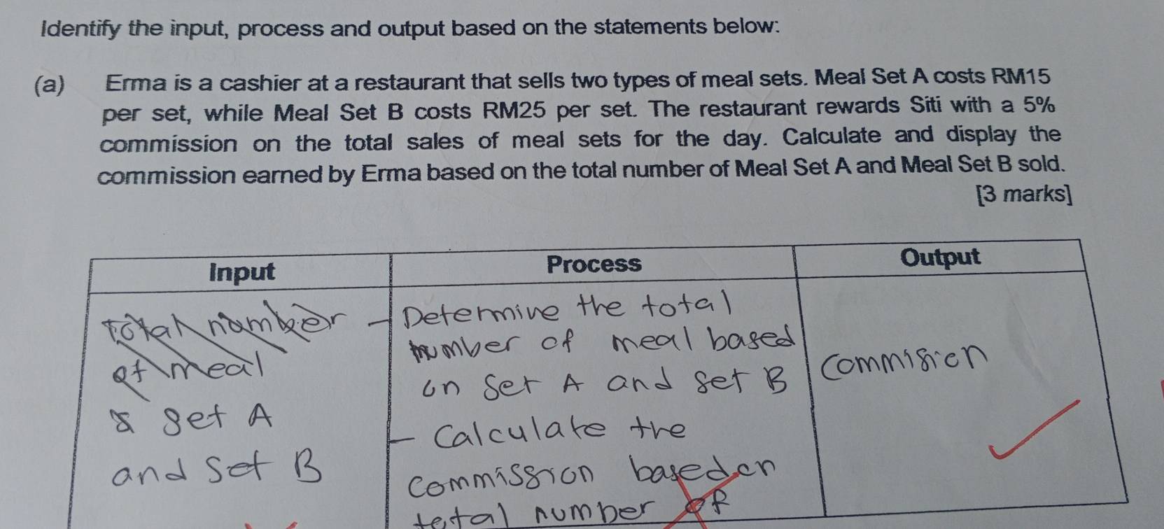 Identify the input, process and output based on the statements below: 
(a) Erma is a cashier at a restaurant that sells two types of meal sets. Meal Set A costs RM15
per set, while Meal Set B costs RM25 per set. The restaurant rewards Siti with a 5%
commission on the total sales of meal sets for the day. Calculate and display the 
commission earned by Erma based on the total number of Meal Set A and Meal Set B sold. 
[3 marks]