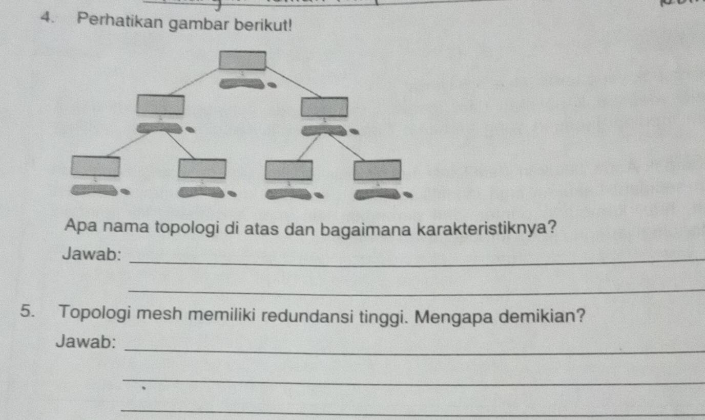 Perhatikan gambar berikut! 
Apa nama topologi di atas dan bagaimana karakteristiknya? 
Jawab:_ 
_ 
5. Topologi mesh memiliki redundansi tinggi. Mengapa demikian? 
Jawab:_ 
_ 
_