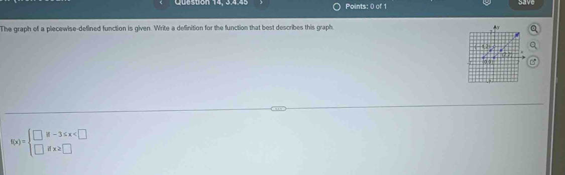 Question 14, 3.4.45 Points: 0 of 1 save 
The graph of a piecewise-defined function is given. Write a definition for the function that best describes this graph. y
1,2
(0,0
f(x)=beginarrayl □ if-3≤ x