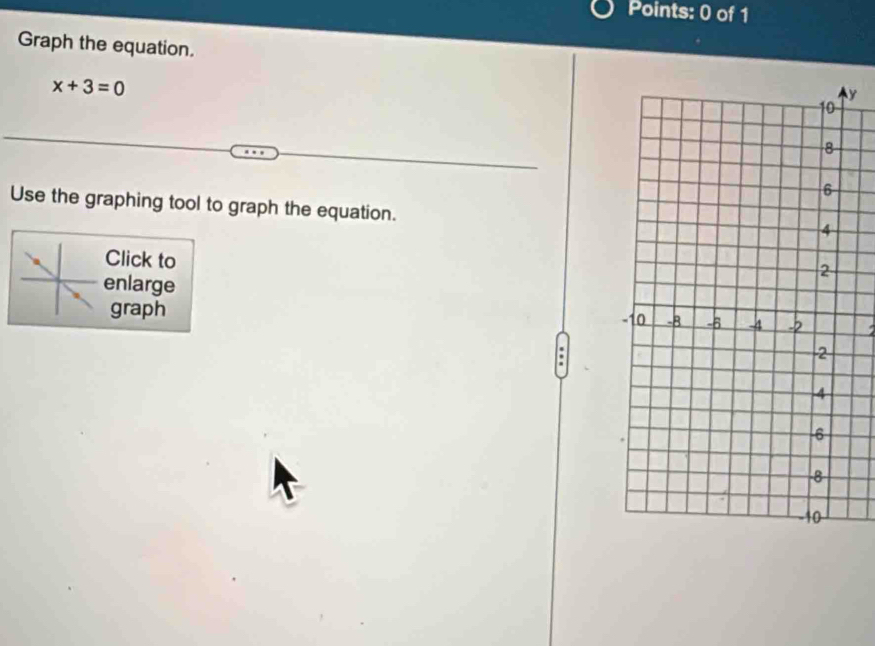 Graph the equation. y
x+3=0
Use the graphing tool to graph the equation. 
Click to 
enlarge 
graph 
.