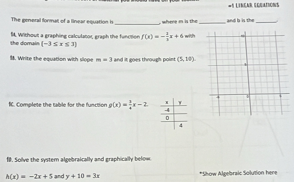 #1 LINEAR EQUATIONS 
The general format of a linear equation is_ , where m is the _and b is the _: 
1A Without a graphing calculator, graph the function f(x)=- 2/3 x+6 with 
the domain (-3≤ x≤ 3)
1B. Write the equation with slope m=3 and it goes through point (5,10). 
1C. Complete the table for the function g(x)= 3/4 x-2. 
1. Solve the system algebraically and graphically below.
h(x)=-2x+5 and y+10=3x *Show Algebraic Solution here