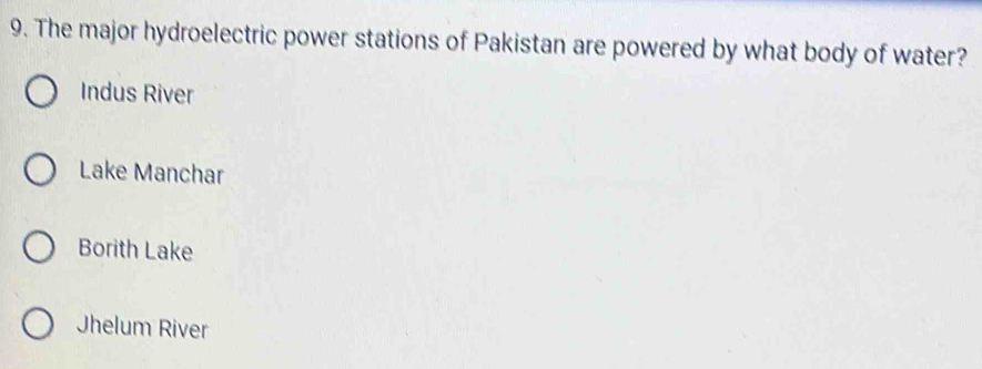 The major hydroelectric power stations of Pakistan are powered by what body of water?
Indus River
Lake Manchar
Borith Lake
Jhelum River