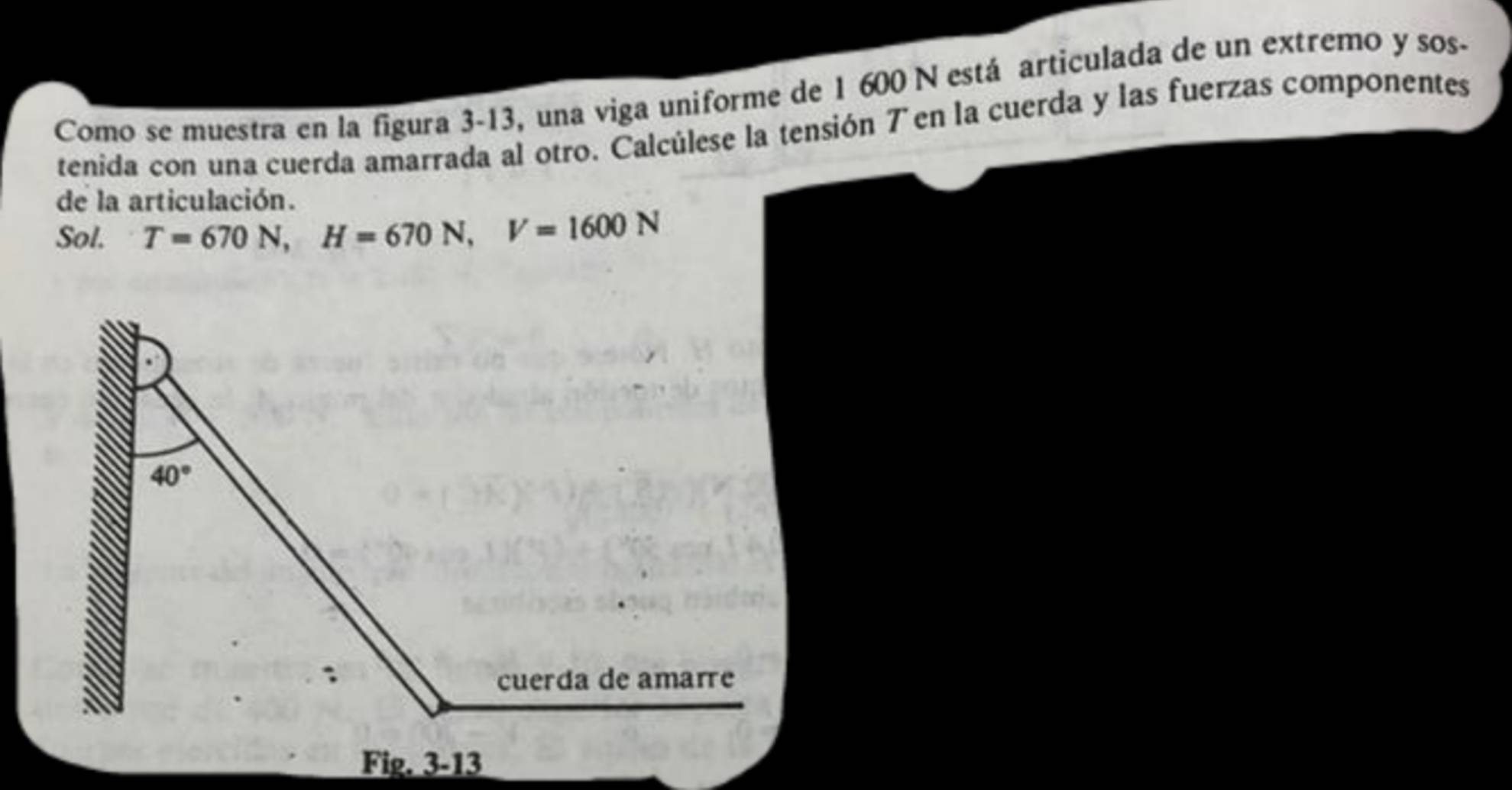 Como se muestra en la figura 3-13, una viga uniforme de 1 600 N está articulada de un extremo y sos- 
tenida con una cuerda amarrada al otro. Calcúlese la tensión Ten la cuerda y las fuerzas componentes 
de la articulación. 
Sol. T=670N, H=670N, V=1600N
40°
cuerda de amare 
Fig. 3-13