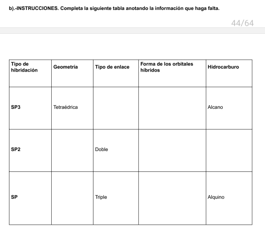 .-INSTRUCCIONES. Completa la siguiente tabla anotando la información que haga falta.
44/64