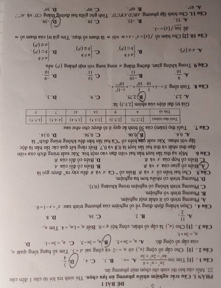 đẻ bài 1
PHÀN I. Câu trắc nghiệm nhiều phương án lựa chọn. Thí sinh trá lời từ câu 1 đến câu
22. Mỗi câu hỏi thi sinh chỉ chọn một phương án.
Câu 1 . [1] Tim lim  (3n^3-n^2+4)/4n^3-2n^2+3n . A. +∞ . B. 3 . C. 4 . D.  3/4 .
Câu 2 . [1] Cho cấp số cộng (u_n) có u_1=-2 và công sai d=3. Tìm số hạng tổng quát u_n
của cấp số cộng đó. A. u_n=3n+5. B. u_n=3n-5 C. u_n=3n-1. D.
u_n=3n+1.
Câu 3 . [1] Cho (u_n) là cấp số nhân, công bội q>0. Biết u_1=1,u_3=4. Tim u_4.
A.  11/2 . B. 2. C. 16. D. 8.
Cầu 4 . Chọn khẳng định đúng về số nghiệm của phương trình sau: x^3+x-1=0.
A. Phương trình có ít nhất một nghiệm.
B. Phương trình vô nghiệm.
C. Phương trình không có nghiệm trong khoảng (0;1).
D. Phương trình có nhiều hơn ba nghiệm.
Câu 5. Cho hai biến cố A và B. Biển cố “ Cả A và B đều xảy ra” được gọi là
A Biến cố giao của 4 và B. B. Biến cố đối của A.
C. Biến cố hợp của 4 và B. D. Biến cố đối của B.
Câu 6.  Một xạ thủ lần lượt bắn hai viên đạn vào một bia. Xác suất trúng đích của viên
dạn thứ nhất và thứ hai lần lượt là 0,8 và 0,7. Biết rằng kết quả các lần bắn là độc
lập với nhau. Xác suất của biến cố “Cả hai lần bắn đều không trúng đích” là
A. 0,6 . B. /0,06 . C. 0,56 . D. 0,14 .
Câu 7. Tuổi thọ (năm) của 50 bình ắc quy ô tô được cho như sau:
Giá trị đại diện của nhóm [2,5;3) là:
A. 2,5 . B.) 2, 75 . C. 9. D. 3 .
Câu 8. Tính tổng S=-1+ 1/10 - 1/10^2 +...+frac (-1)^n10^(n-1)+...
A.  9/10 . B.  (-10)/11 . C.  10/11 . D.  (-9)/10 .
Cầu 9. Trong không gian, đường thẳng # song song với mặt phẳng (P) nếu
A. a⊂ (P).
B. beginarrayl aparallel b b⊂ (P)^*endarray. C. beginarrayl aparallel b b⊂ (P)^.endarray. D. beginarrayl aparallel b b⊂ (P). a⊂ (P)endarray.
Câu 10. [2] Cho hàm số f(x)=x^2-x+m với m là tham số thực. Tìm giá trị của tham số m
đé limlimits _xto -7f(x)=-3.
A. 53 . B. -53 . C. 59 . D/ ~59 .
Câu 11. Cho hình lập phương ABCD.A'B'C'D' Tính góc giữa hai đường thắng CD' và AC'.'
A. 45°.
B. 60°. C. 90°. D. 30°.