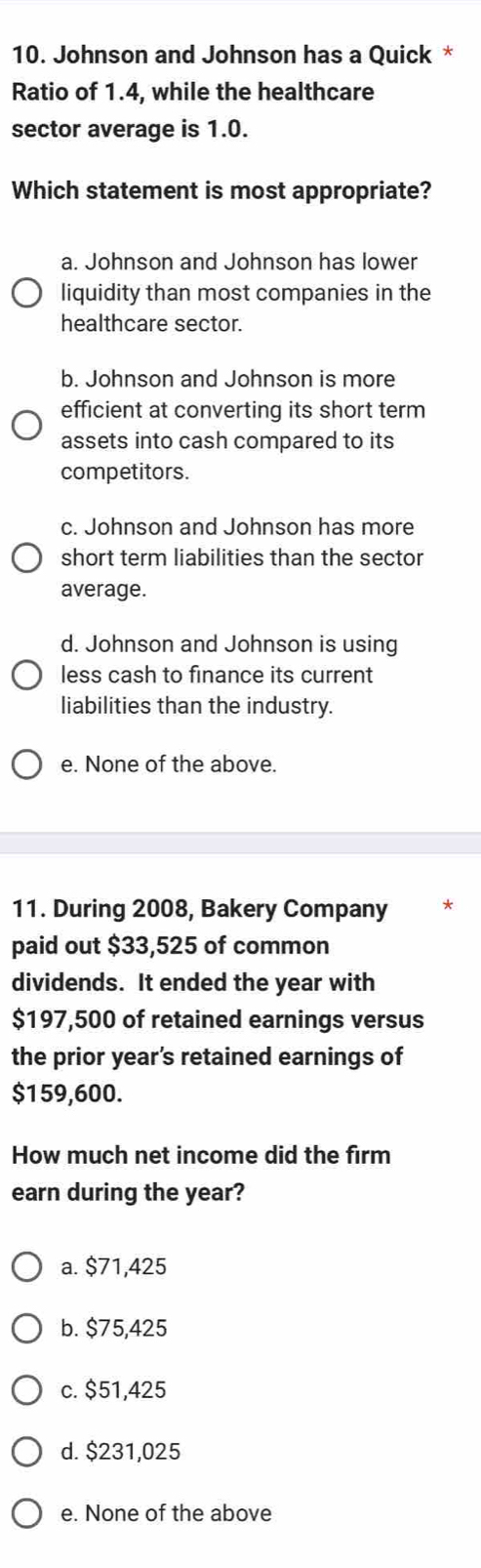 Johnson and Johnson has a Quick *
Ratio of 1.4, while the healthcare
sector average is 1.0.
Which statement is most appropriate?
a. Johnson and Johnson has lower
liquidity than most companies in the
healthcare sector.
b. Johnson and Johnson is more
efficient at converting its short term
assets into cash compared to its
competitors.
c. Johnson and Johnson has more
short term liabilities than the sector
average.
d. Johnson and Johnson is using
less cash to finance its current
liabilities than the industry.
e. None of the above.
11. During 2008, Bakery Company *
paid out $33,525 of common
dividends. It ended the year with
$197,500 of retained earnings versus
the prior year’s retained earnings of
$159,600.
How much net income did the firm
earn during the year?
a. $71,425
b. $75,425
c. $51,425
d. $231,025
e. None of the above