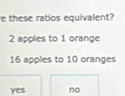 these ratios equivalent?
2 apples to 1 orange
16 apples to 10 oranges
yes no