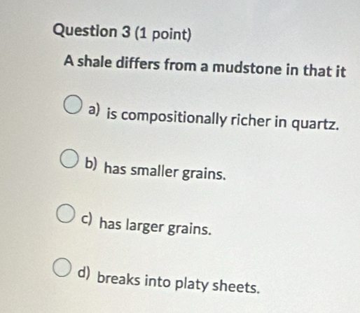 A shale differs from a mudstone in that it
a) is compositionally richer in quartz.
b) has smaller grains.
c) has larger grains.
d) breaks into platy sheets.