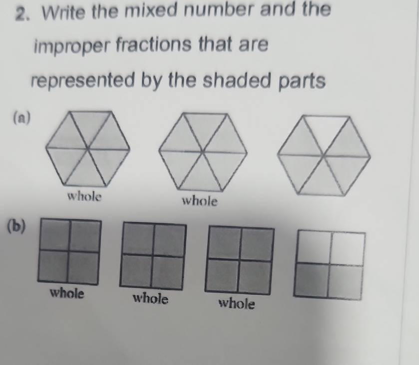 Write the mixed number and the 
improper fractions that are 
represented by the shaded parts 
(a) 
(b) 
whole whole whole