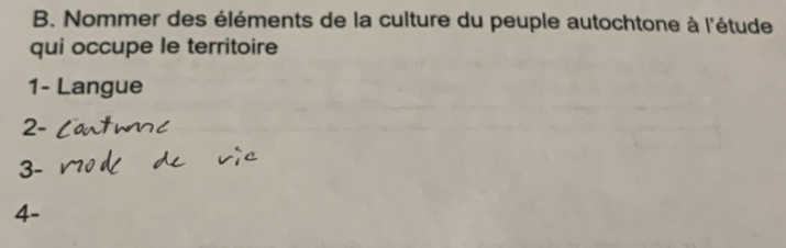 Nommer des éléments de la culture du peuple autochtone à l'étude 
qui occupe le territoire 
1- Langue 
2- 
3- 
4-