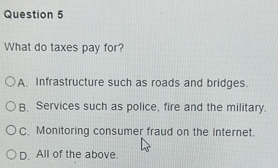 What do taxes pay for?
A. Infrastructure such as roads and bridges.
B. Services such as police, fire and the military.
C. Monitoring consumer fraud on the internet.
D. All of the above.