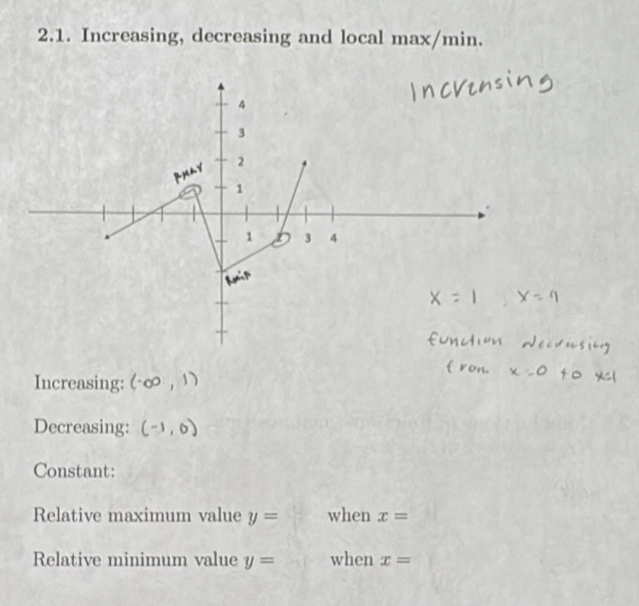 Increasing, decreasing and local max/min. 
Increasing: (-∈fty ,1)
Decreasing: (-1,0)
Constant: 
Relative maximum value y= when x=
Relative minimum value y= when x=